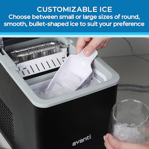 Avanti Ice Maker Mighty Ice Countertop Design Makes 26 Pounds of Bullet-Shaped Ice Cubes in 24 Hours, Digital Touch Controls and Self Cleaning Function, Includes Scoop, Black