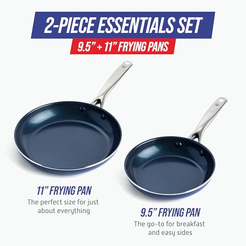Blue Diamond 2 Piece Nonstick Frying Pan Set, 9.5” & 11" Skillets, PFAS-Free Ceramic, Dishwasher & Oven Safe, Stainless Steel Handle, Durable Metal Utensil Safe, Egg & Omelet Pans, Blue