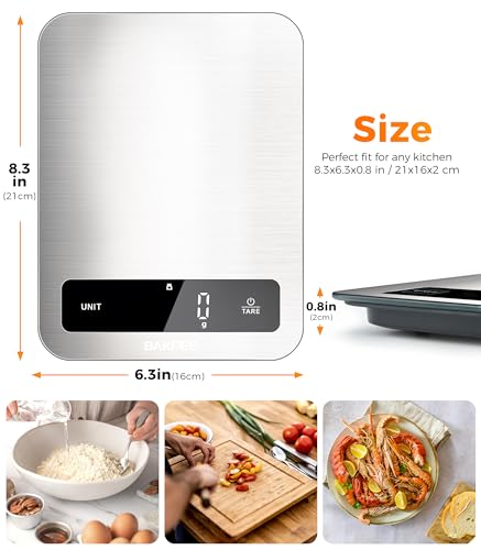 BakFee 100% Waterproof Food Scale, IP67 Digital Kitchen Scale, Rechargeable (USB-C), 0.1oz/1g Precision, 22lb Capacity, Stainless Steel & Tempered Glass, for Cooking, Making Sourdough Bread, Black