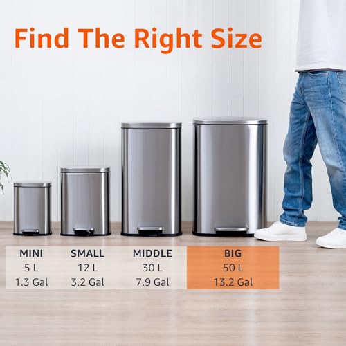 Amazon Basics LARGE Trash Can, 13.2 Gallon (50L), Smudge Resistant Rectangular Bin with Soft-Close Lid, Step Foot Pedal, Removable Inner Bucket, Brushed Stainless Steel, Satin Nickel Finish
