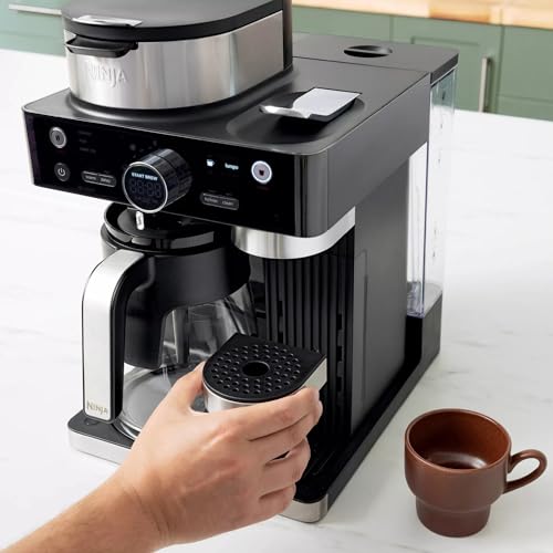 Ninja (Refurbished CFN601 Espresso & Coffee Barista System, Single-Serve Coffee & Compatible with Nespresso Capsule, 12-Cup Carafe, Built-in Frother, Cappuccino & Latte Maker (Renewed)