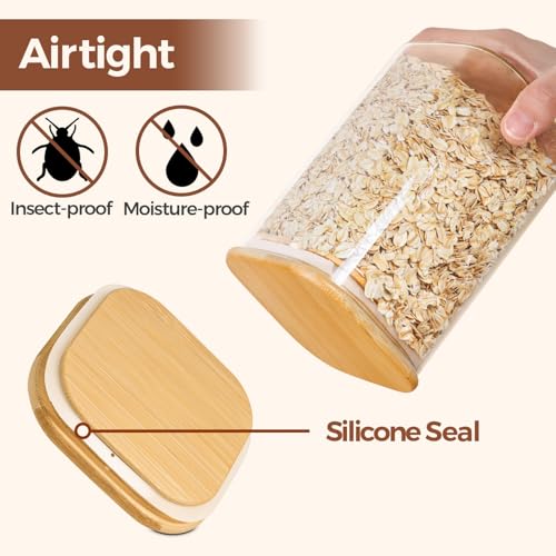 ComSaf Airtight Glass Storage Canister with Lids (0.7Qt/1.2Qt/1.6Qt) Set of 6, Food Storage Container Kitchen Pantry Storage Jar, Glass Jars for Flour Cereal Sugar Tea Coffee Beans Snacks, Square