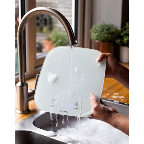 Taylor Pro Digital Kitchen Food Scales, Compact Professional Standard with Precision Accuracy and Waterproof Design with Tare Feature, White Glass, Weighs 14 kg/14 L Capacity