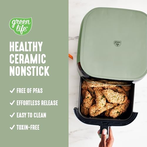 GreenLife Compact Electric Air Fryer Oven, 5.3 QT, PFAS-Free Ceramic Nonstick Drawer, 8 One Touch Digital Display, Easy View Window, Auto Shut-Off Timer, Dishwasher Safe Parts, 1500 Watts, Sage