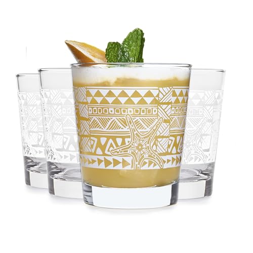 Libbey Tiki Rocks Glasses Set, Vintage-style Glassware Drinking Glasses Set of 4, Exotic, Dishwasher Safe Glasses for Backyard Luau or Pool Party