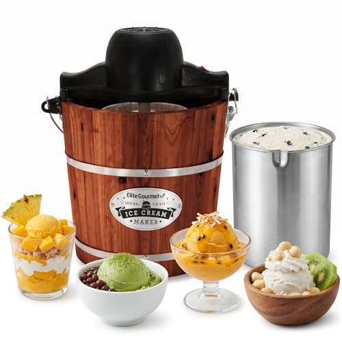 Elite Gourmet EIM418 Old Fashioned 4 Quart Vintage Walnut Wood Bucket, Electric Ice Cream Maker Machine, Uses Ice and Rock Salt Churns Ice Cream in Minutes