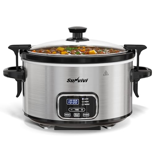 Sunvivi 4QT Programmable Slow Cooker with Locking Lid, Removable Ceramic Pot, 3 Heating Settings & Timer, Dishwasher-Safe, Stainless Steel