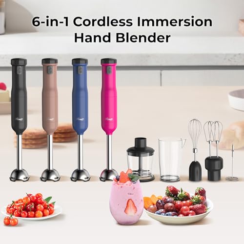 Rosewill 6-in-1 Multi-Speed Cordless Rechargeable Immersion Hand Blender, Heavy Duty Motor - Stick Blender, Beaker, Whisk, Chopper, Dual Beater, Milk Frother - For Smoothies, Baby Food, Soup - Blue