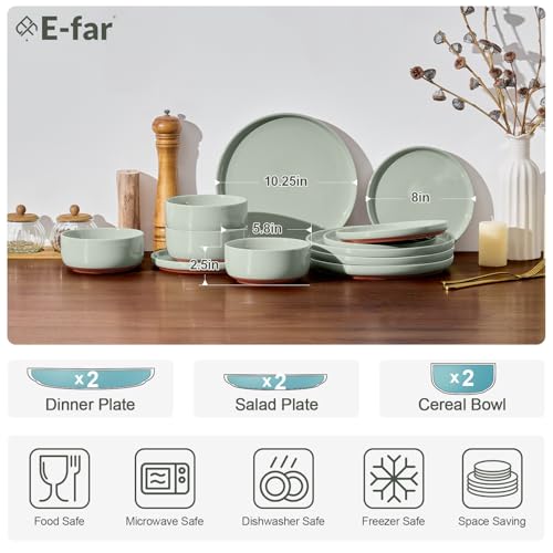 E-far 6-Piece Stoneware Dinnerware Sets, Plates and Bowls Sets for 2, Ceramic Dishware Dishes Set with Terracotta Base, Chip & Scratch Resistant, Microwave & Dishwasher Safe, Speckled Green