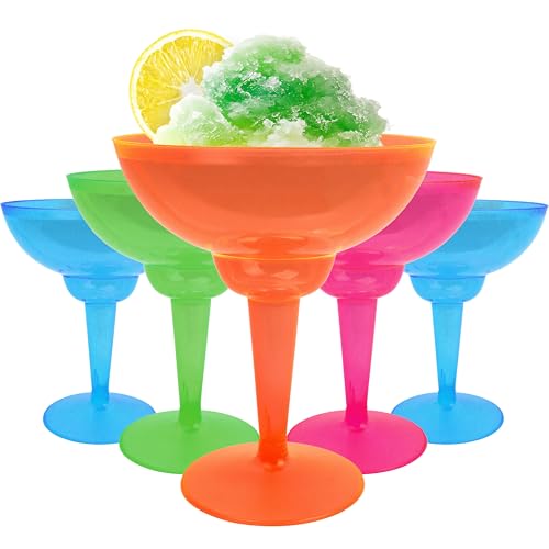 12pcs Disposable Margarita Glass for Party Cocktail, Plastic Margarita Glasses, Colorful Hurricane Cups Supplies for Cinco De Mayo Tropical Pool Beach Holidays BBQs Decorations, 4 Assorted Neon Colors