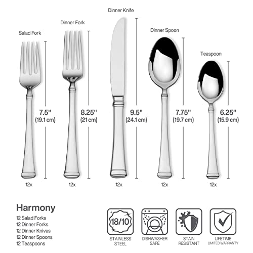 Mikasa Harmony Silverware Set for 12, 65-Piece 18/10 Stainless Steel Flatware Set with Flared Handles, Dishwasher Safe Cutlery Set, Elegant Dining Utensils