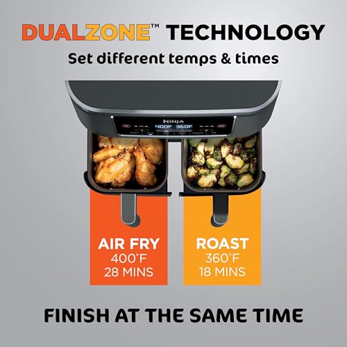 Ninja AD150 Foodi 8 Quart 6-in-1 DualZone 2-Basket Air Fryer with 2 Independent Frying Baskets, Match Cook & Smart Finish to Roast, Broil, Dehydrate & More for Quick, Easy Meals, Black (Renewed)