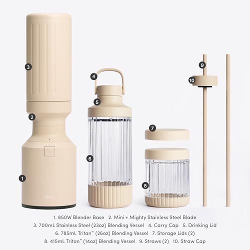 Beast Mighty 850 Stainless Steel | Compact Personal Blender | Extra Vessels | Keeps Blends Cold | Smoothies, Shakes, Sauces, Dips | Portable Straw Caps and Lids | 850W (Sand)