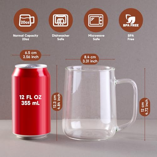 ZMZKKLL Large Glass Coffee Mugs, 20 oz Glass Coffee Cups Set of 2, Clear Borosilicate Glass Mugs with Handles for Cappuccino, Tea, Latte, Hot/Cold Beverages, Wine, Americano