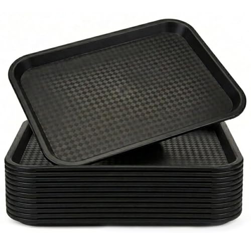 Yarlung 12 Pack Fast Food Tray, 13.7 x 10.5 Inch Plastic Restaurant Serving Tray Cafeteria Trays for Coffee Table, Kitchen, Party, Black