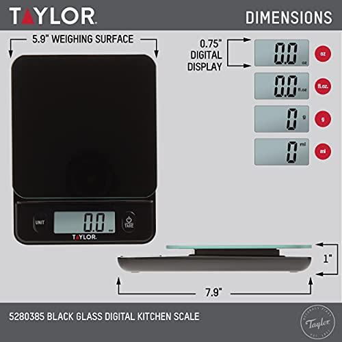 Taylor Glass Top Food Scale with Touch Controls, 11 lb Capacity, Sleek Black Design for Precision Food Measurement in Grams and Ounces