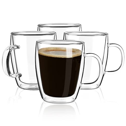 YUNCANG Double Wall Coffee Mugs, (4-Pcak) 16 Ounces-Clear Glass Cups with Handle,lnsulated,Cappuccino,Tea,Latte Cups,Beverage Glasses Heat Resistant