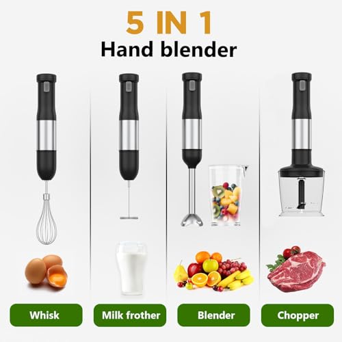 WHUTO Cordless Immersion Hand Blender, 5-in-1 Variable Speed blender handheld,Rechargeable with 2000mAh Battery, BPA-Free & Dishwasher-Safe Accessories:700ml Beaker,Chopper,Whisk & Milk Frother,Black