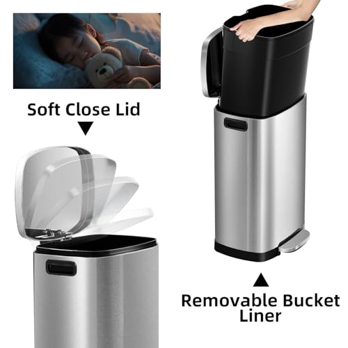 KdbK 13 Gallon Trash Can with Lid, 50L Fingerprint Proof Stainless Steel Kitchen Trash Can with Removable Inner Bucket and Lid Soft Close, Pedal Rubbish Bin for Home Office