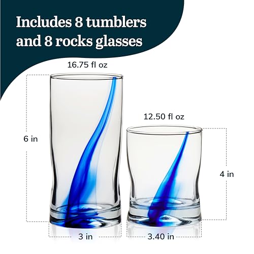 Libbey Blue Ribbon 16 Piece Tumbler and Rocks Glass Set, Infused Blue Ribbon Drinkware Glasses Set, Artisan Inspired Four-Dimple Shaped Rock Glasses, Dishwasher Safe Tumbler Glasses Set