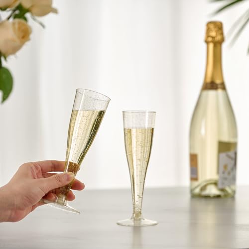 JOLLY CHEF 100 Pack Plastic Champagne Flutes Disposable 4.5 oz Gold Glitter Plastic Champagne Glasses for Wedding, Thanksgiving Day, Christmas