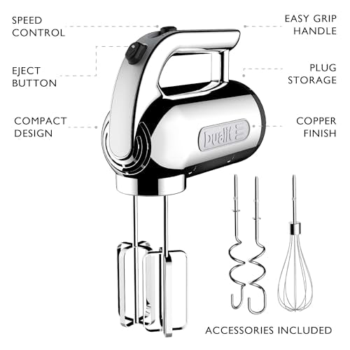 Dualit Hand Mixer - 300W- Strong Grip Handle - Attachments Included - Integral Plug Storage - 4 Speed Settings - Repairable gears - Flat Beaters, Dough Hooks, Balloon Whisk