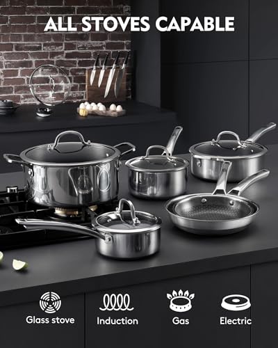 SNOWCLAD Pots and Pans Set Non Stick, 10 Pcs Hybrid Stainless Steel Cookware Sets, Non Stick Frying Pans, Saucepans, Saute Pan & Stock Pot, PFOA Free Kitchen Skillet,Induction Compatible