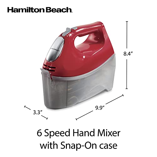 Hamilton Beach 6-Speed Electric Hand Mixer with Whisk, Traditional Beaters, Dough Hooks, Snap-On Storage Case, 275 Watts, Red