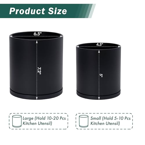 D'vine Dev 360° Rotating Utensil Holder Set – 7.2"+5" Kitchen Utensil Crocks for Countertop, Modern Cooking Tool Organizers for Kitchen Storage +Décor, Black, Set of 2, 72-Z-B-1