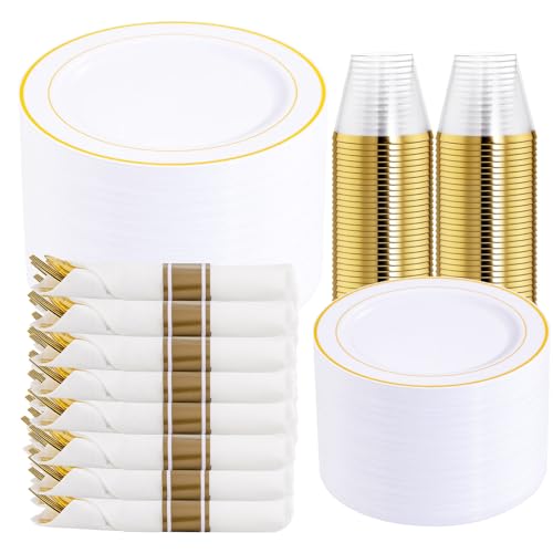 DaYammi 350PCS Gold Plastic Dinnerware Set for 50 Guests, Fancy Disposable Plates for Party, Include: 50 Dinner Plates, 50 Dessert Plates, 50 Pre Rolled Napkins with Gold Silverware, 50 Cups