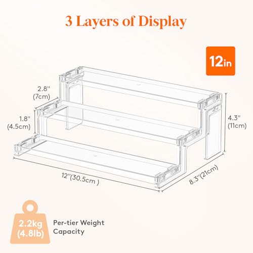 Lifewit Spice Rack, Perfume Cologne Organizer, Cupcake Stand, Tool-Free Assembly, Display Riser Shelf, Seasoning Figurine Makeup Holder, Room Decor, Kitchen Cabinet Storage, Clear, 12in-3 Tier, 1 Pcs