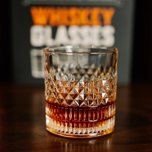 Aged & Charred Lead-Free Crystal Whiskey Glasses With Heavy Base (Set of 4) - 11 Oz Rocks Barware for Old Fashioned, Bourbon, and Cocktail Drinks - Premium Whiskey Bourbon Gift for Men