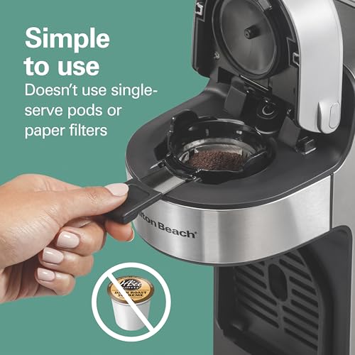 Hamilton Beach The Scoop Single Serve Coffee Maker & Fast Grounds Brewer for 8-14oz. Cups, Brews in Minutes, 40oz. Removable Reservoir, Stainless Steel (49987),Silver