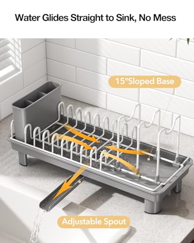 Nfnoyp Dish Rack, Carbon Steel Small Dish Drying Rack Rustproof for Kitchen Counter, Compact Space-Saving Dish Drainer with Adjustable Slots for Small Kitchens & Apartments, 16.5×6.5×7inch, Grey