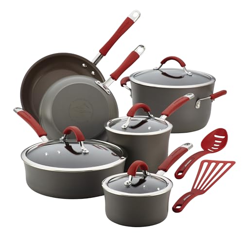 Rachael Ray Cucina Dishwasher-Safe Hard-Anodized Pots and Pans Set Non Stick Cookware, 12-Piece, Gray with Red Handles