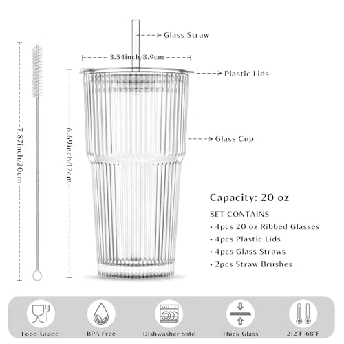 INSETLAN 20 oz Ribbed Glass Tumblers with Lids and Glass Straws – 4-Piece Glassware Set, Thickened Wall, Ideal for Iced Coffee, Smoothies, Cocktails, and Juices – Elegant and Durable Drinkware