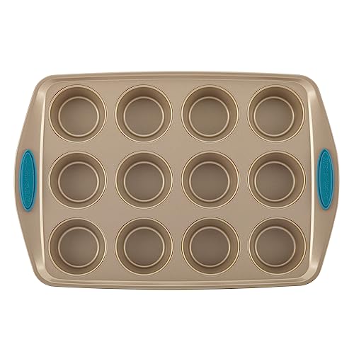Rachael Ray 47578 Cucina Nonstick Bakeware Set with Grips Includes Nonstick Bread Pan, Baking Sheet, Cookie Sheet, Baking Pans, Cake Pan and Muffin Pan - 10 Piece, Latte Brown with Agave Blue Grips
