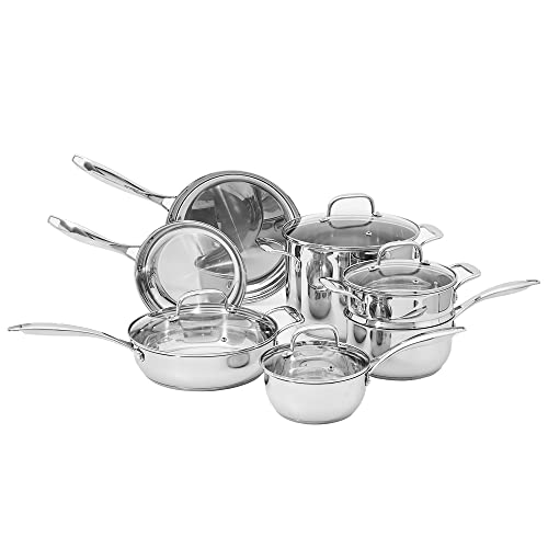 Amazon Basics Stainless Steel Cookware 11-Piece Set, Oven Safe, Induction-Ready, Even Heating, Non Toxic, Stay-Cool