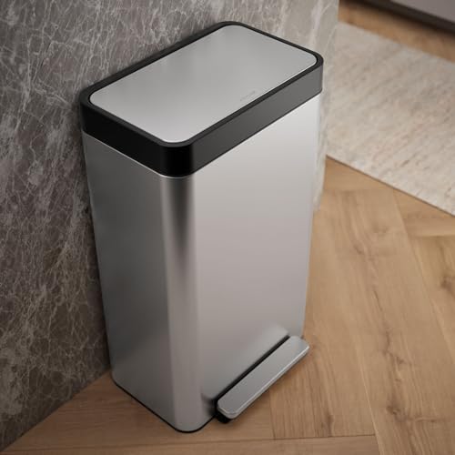 Kohler 20941-ST 8 Gallon Tall Hands-Free Kitchen Step Can, Trash Can with Foot Pedal, Quiet-Close Lid, Stainless Steel