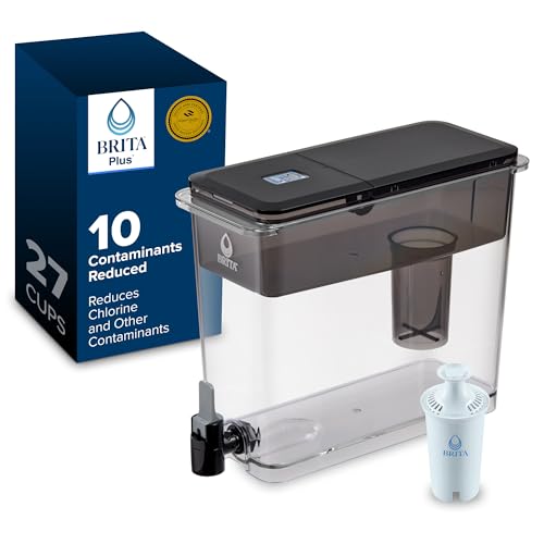 Brita Extra-Large 27-Cup Water Dispenser with BritaPlus Filter, WQA NSF/ANSI Certified, Reduces 2X Contaminants vs. Standard, Reduces Chlorine, Zinc, Copper, Mercury & More, 1 Filter Included, Black