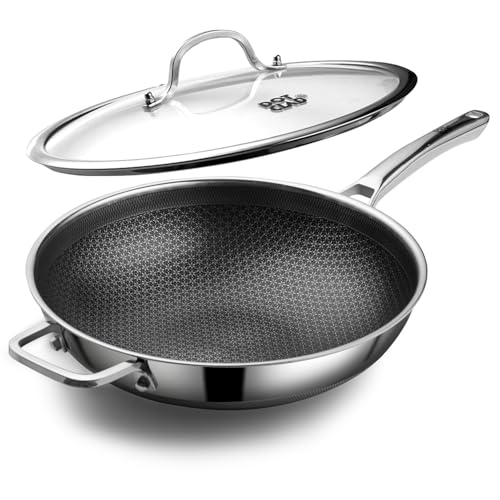 DOTCLAD Wok pan,Hybrid 12 inch Wok with Lid, PFOA Free Cookware,non stick Stainless Steel Woks & Stir-fry pans