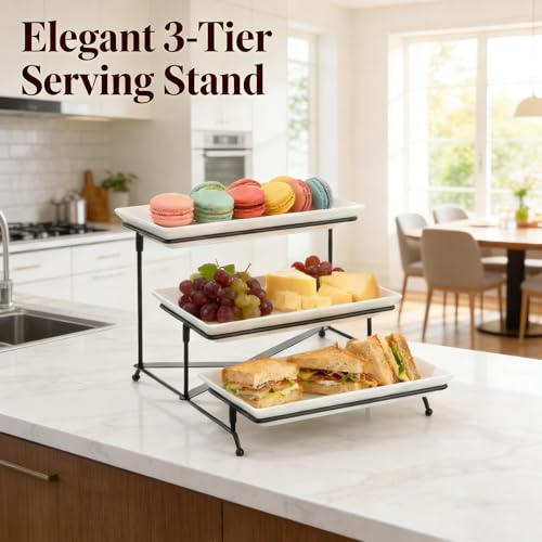 Farielyn-X 3 Tier Serving Tray, 12" White Plastic Tiered Food Serving Platters, Reusable Tray Stand Black Collapsible Metal Stand with Stable Cross Bars, Party Display Stands for Veggie Fruit, Dessert