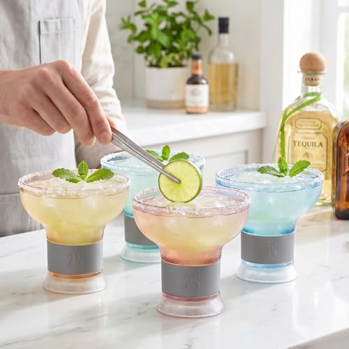 Khen Frozen Margarita & Cocktail Chiller Glasses | Set of 4 | Cooling Cups 12 OZ Unbreakable Tritan Acrylic, Double Wall Insulated to Keep Drink Cool, Freeze Gel Glass Cup, Silicone Holder
