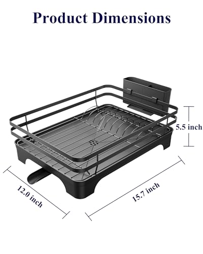 Kitsure Dish Drying Rack - Multi-Functional Dish Rack for Kitchen Counter with Cutlery Holder, Rust-Proof Storage Solution with Rotatable, 15.7" x 12.0" x 5.5", Black