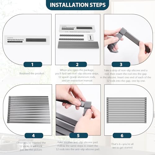KABUM 17.72x11.81 Heavy-Duty Aluminum Alloy Roll Up Dish Drying Rack, Food-Safe Coating with Anti-Skid Silicone, Extra Wide & Thickened Sink Drying Rack for Kitchen Counter, Space-Saving Organizer