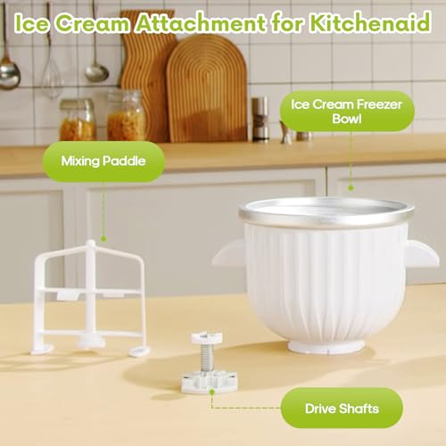 Ice Cream Maker Attachment for KitchenAid Stand Mixer, Compatible with 4.5/5Qt & Larger KitchenAid Stand Mixer, 2 Quart Frozen Ice Cream Bowl, Yogurt & Sorbet Gelato, White