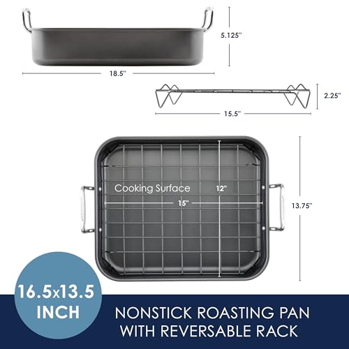 Rachael Ray Roasting Pan with Reversible Rack, Turkey Roasting Pan, Nonstick, 16.5-Inch x 13.5-Inch