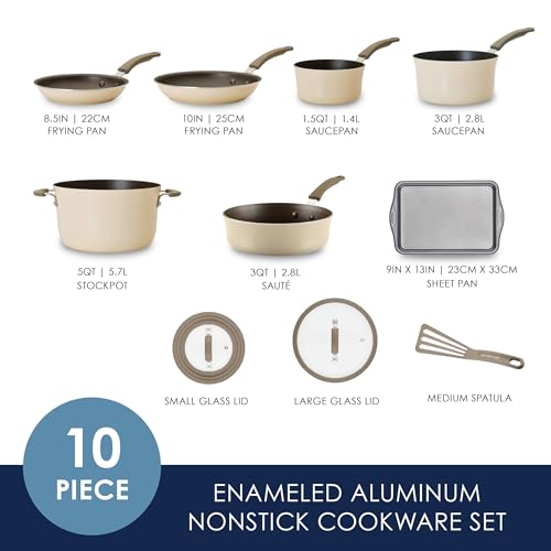 Rachael Ray Cook + Create Aluminum Nonstick Cookware Set, 10-Piece, Almond