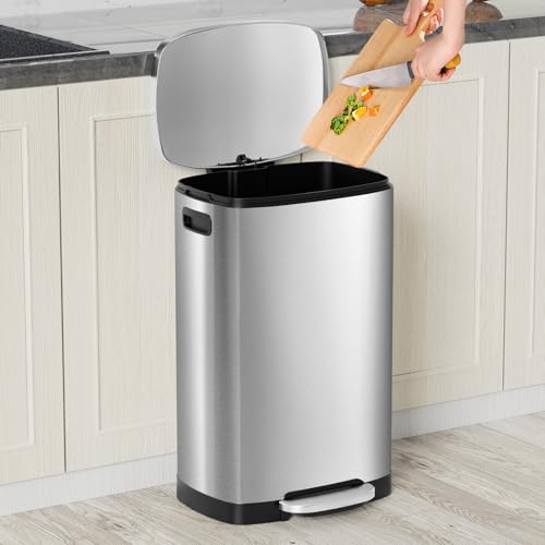 KdbK 13 Gallon Trash Can with Lid, 50L Fingerprint Proof Stainless Steel Kitchen Trash Can with Removable Inner Bucket and Lid Soft Close, Pedal Rubbish Bin for Home Office