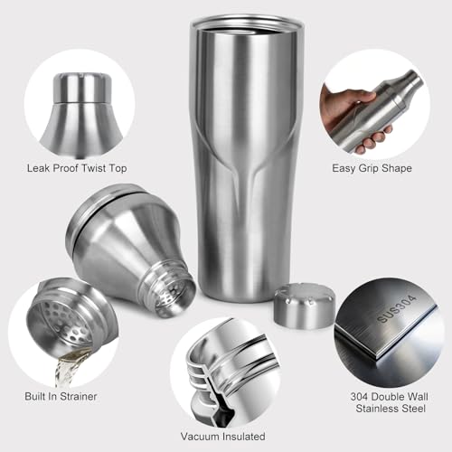 Lexenic 24oz Cocktail Shaker - Insulated Double Wall Keep Drink Chilled - No Stuck Twist Lid,Leakproof and Built-in Strainer - Perfect for Home Bar- Premium Stainless Steel Drink Shaker,Martini Shaker